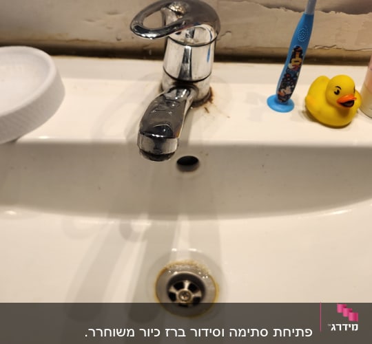 כיור עם ברז, מברשת שיניים וברווז גומי